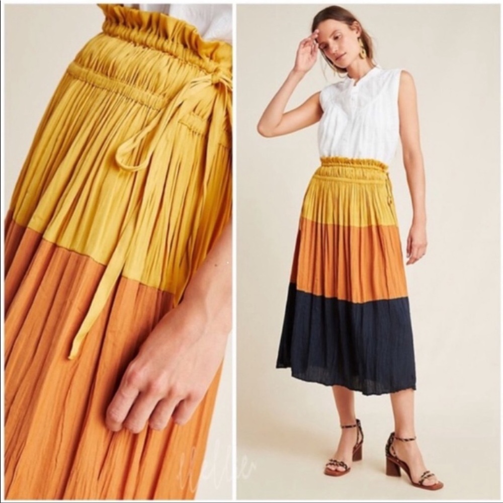Anthropologie Yellow, Orange, and Navy Midi Skirt